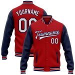 Personalized Red White-Navy Bomber Full-Snap Varsity Letterman Two Tone Jacket Team Custom Name and Number