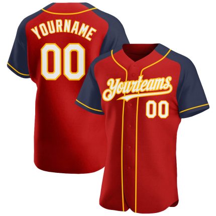Personalized Red White Navy-Gold Authentic Raglan Sleeves Baseball Jersey Team Custom Name and Number