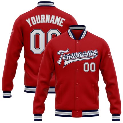 Personalized Red White Navy-Gray Bomber Full-Snap Varsity Letterman Jacket Team Custom Name and Number