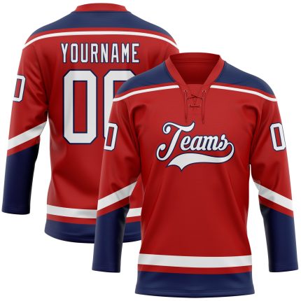 Personalized Red White-Navy Hockey Lace Neck Jersey Team Custom Name and Number