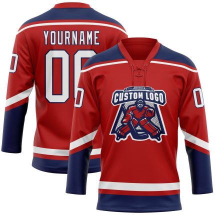 Personalized Red White-Navy Hockey Lace Neck Jersey Team Custom Name and Number