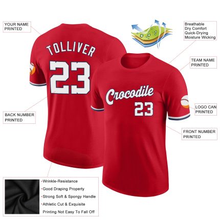 Personalized Red White-Navy Performance T-Shirt Team Custom Name and Number