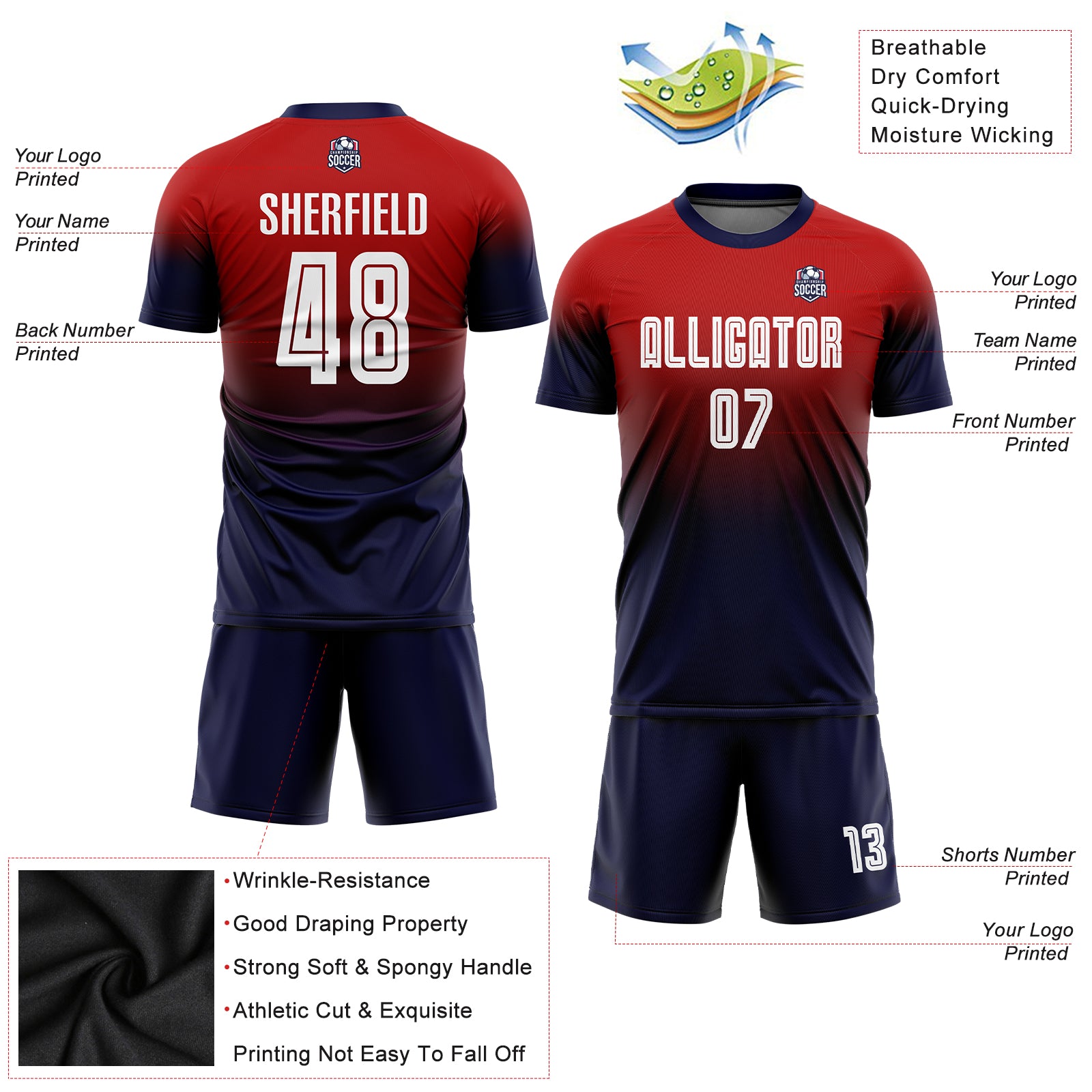 Personalized Red White-Navy Sublimation Fade Fashion Soccer Uniform Jersey Team Custom Name and Number Personalized Red White-Navy Sublimation Fade Fashion Soccer Uniform Jersey Team Custom Name and Number - Image 3