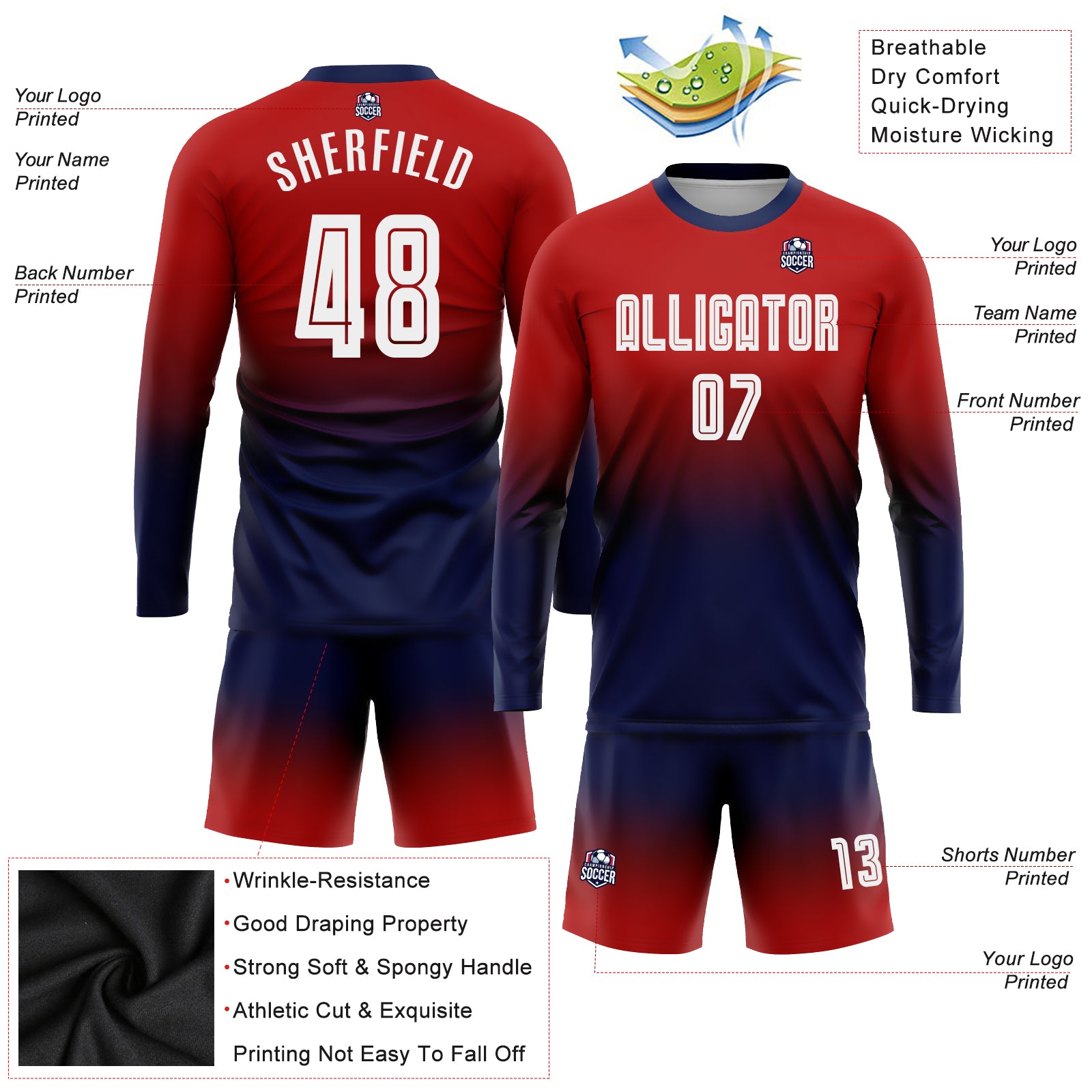 Personalized Red White-Navy Sublimation Long Sleeve Fade Fashion Soccer Uniform Jersey Team Custom Name and Number Personalized Red White-Navy Sublimation Long Sleeve Fade Fashion Soccer Uniform Jersey Team Custom Name and Number - Image 3