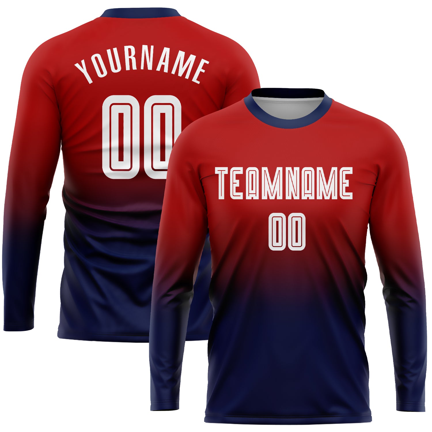 Personalized Red White-Navy Sublimation Long Sleeve Fade Fashion Soccer Uniform Jersey Team Custom Name and Number