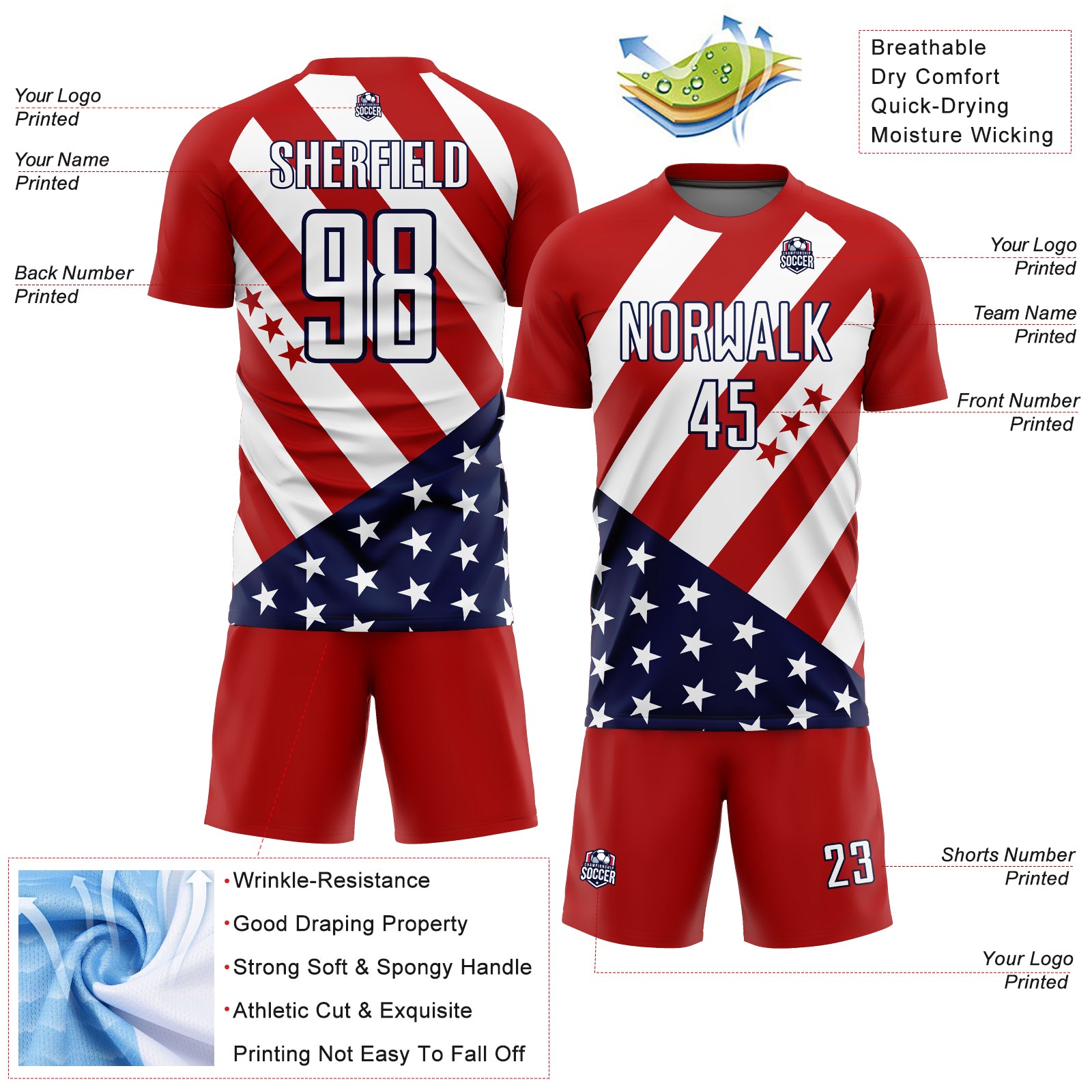 Personalized Red White-Navy Vintage American Flag Sublimation Soccer Uniform Jersey Team Custom Name and Number Personalized Red White-Navy Vintage American Flag Sublimation Soccer Uniform Jersey Team Custom Name and Number - Image 4