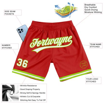 Personalized Red White-Neon Green Authentic Throwback Basketball Shorts Team Custom Name and Number