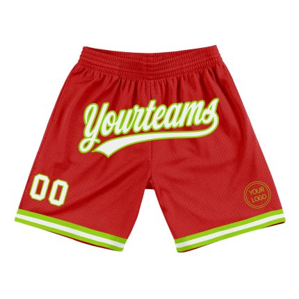 Personalized Red White-Neon Green Authentic Throwback Basketball Shorts Team Custom Name and Number