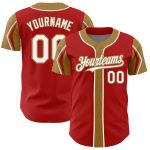 Personalized Red White-Old Gold 3 Colors Arm Shapes Authentic Baseball Jersey Team Custom Name and Number