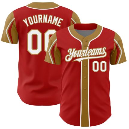 Personalized Red White-Old Gold 3 Colors Arm Shapes Authentic Baseball Jersey Team Custom Name and Number