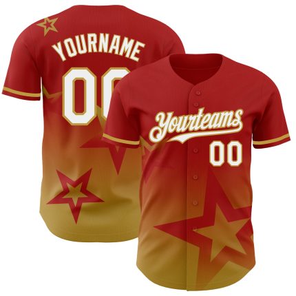 Personalized Red White-Old Gold 3D Pattern Design Gradient Style Twinkle Star Authentic Baseball Jersey Team Custom Name and Number