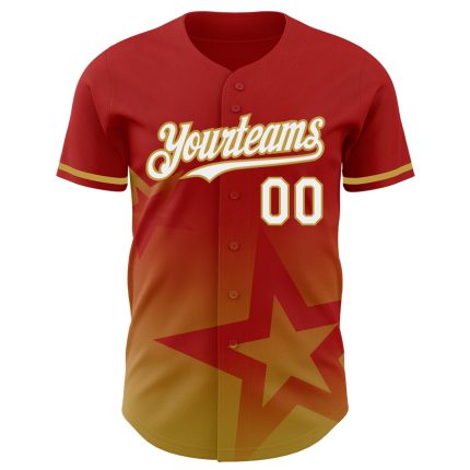 Personalized Red White-Old Gold 3D Pattern Design Gradient Style Twinkle Star Authentic Baseball Jersey Team Custom Name and Number