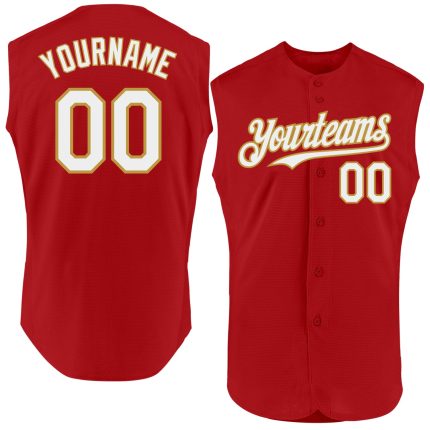 Personalized Red White-Old Gold Authentic Sleeveless Baseball Jersey Team Custom Name and Number