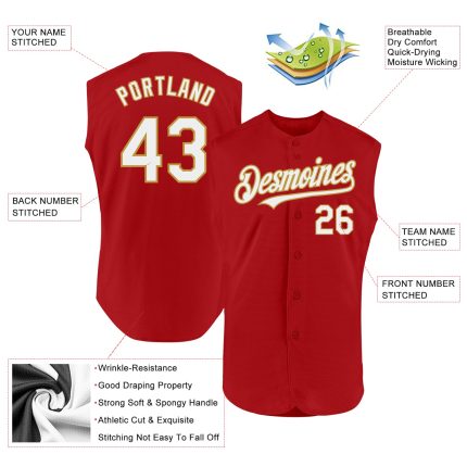 Personalized Red White-Old Gold Authentic Sleeveless Baseball Jersey Team Custom Name and Number