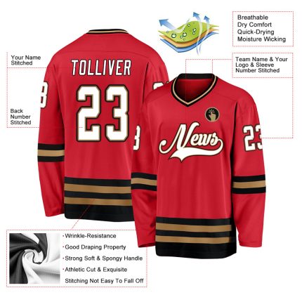 Personalized Red White-Old Gold Hockey Jersey