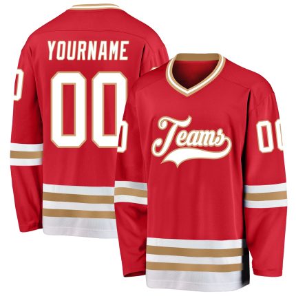 Personalized Red White-Old Gold Hockey Jersey Team Custom Name and Number