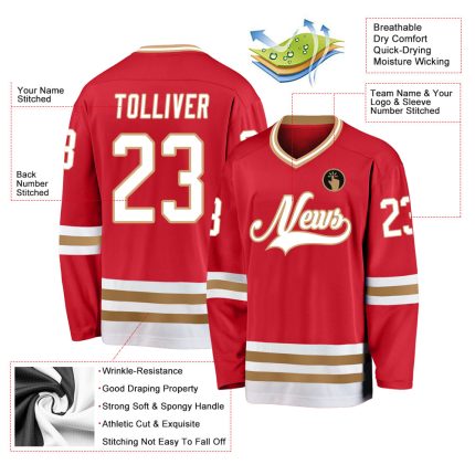 Personalized Red White-Old Gold Hockey Jersey Team Custom Name and Number