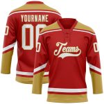 Personalized Red White-Old Gold Hockey Lace Neck Jersey Team Custom Name and Number