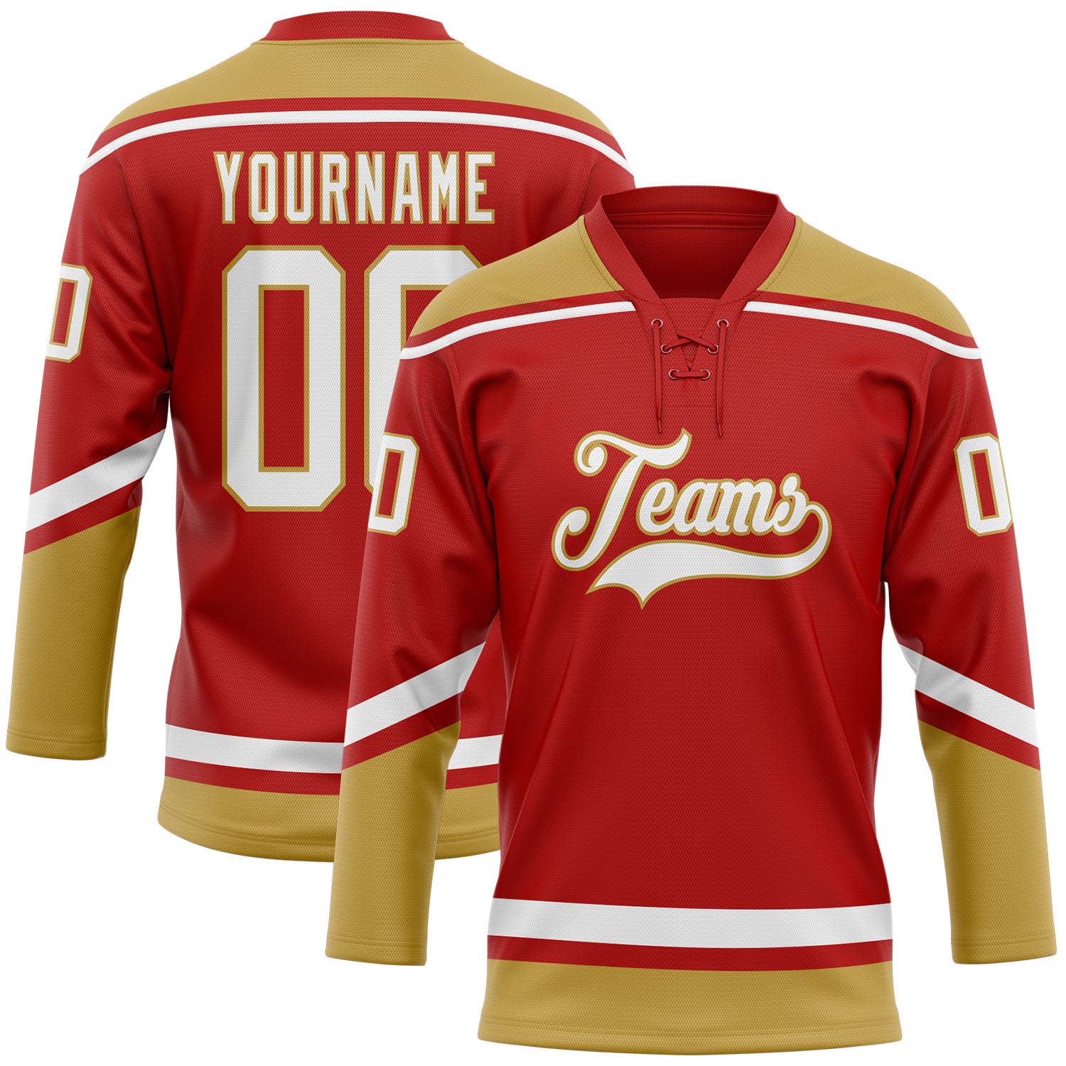 Personalized Red White-Old Gold Hockey Lace Neck Jersey Team Custom Name and Number