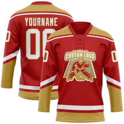 Personalized Red White-Old Gold Hockey Lace Neck Jersey Team Custom Name and Number
