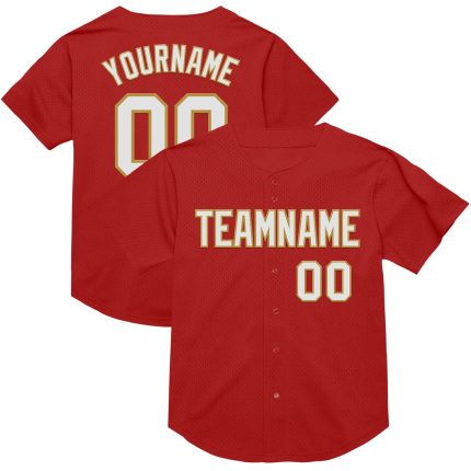 Personalized Red White-Old Gold Mesh Authentic Throwback Baseball Jersey