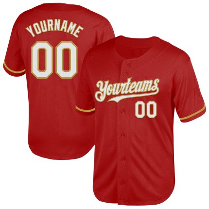 Personalized Red White-Old Gold Mesh Authentic Throwback Baseball Jersey Team Custom Name and Number