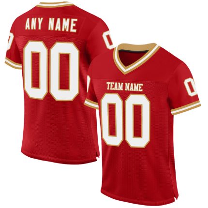 Personalized Red White-Old Gold Mesh Authentic Throwback Football Jersey Team Custom Name and Number