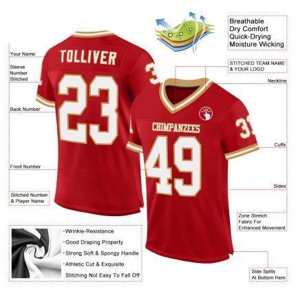 Personalized Red White-Old Gold Mesh Authentic Throwback Football Jersey Team Custom Name and Number