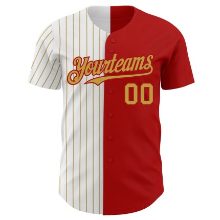 Personalized Red White-Old Gold Pinstripe Authentic Split Fashion Baseball Jersey Team Custom Name and Number