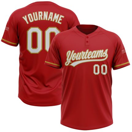Personalized Red White-Old Gold Two-Button Unisex Softball Jersey Team Custom Name and Number