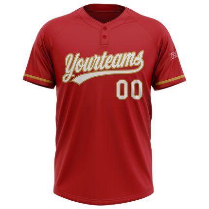 Personalized Red White-Old Gold Two-Button Unisex Softball Jersey Team Custom Name and Number