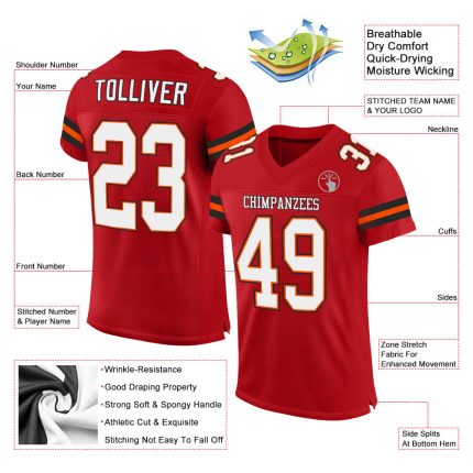Personalized Red White-Orange Mesh Authentic Football Jersey Team Custom Name and Number