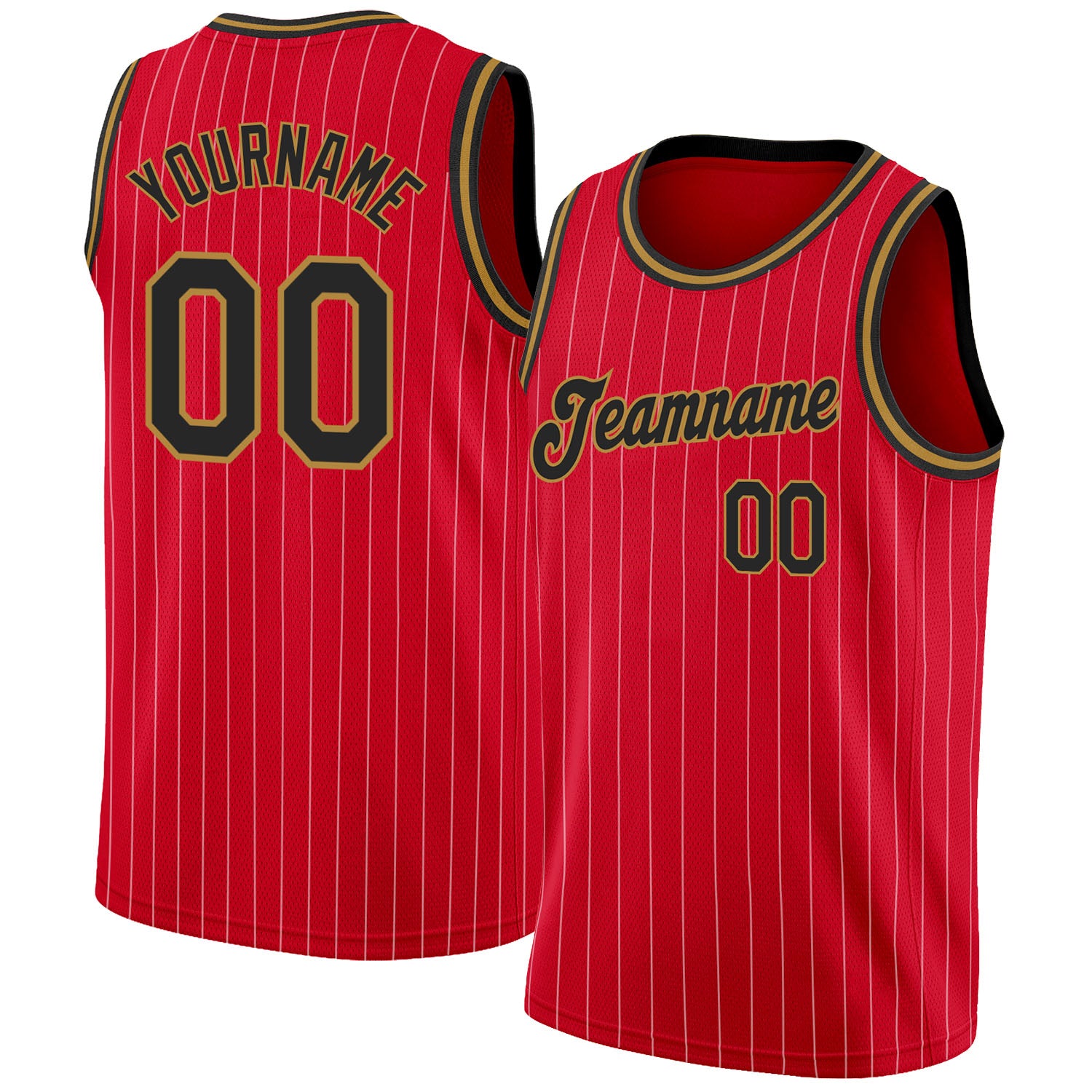 Personalized Red White Pinstripe Black-Old Gold Authentic Basketball Jersey Team Custom Name and Number