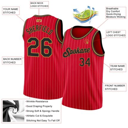 Personalized Red White Pinstripe Black-Old Gold Authentic Basketball Jersey Team Custom Name and Number