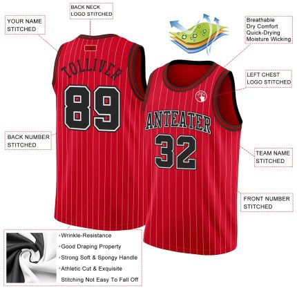 Personalized Red White Pinstripe Black-White Authentic Basketball Jersey