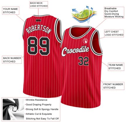 Personalized Red White Pinstripe Black-White Authentic Basketball Jersey Team Custom Name and Number