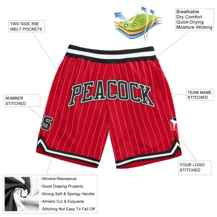 Personalized Red White Pinstripe Black-White Authentic Basketball Shorts Team Custom Name and Number