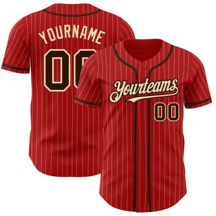 Personalized Red White Pinstripe Brown-City Cream Authentic Baseball Jersey Team Custom Name and Number