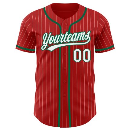 Personalized Red White Pinstripe Kelly Green Authentic Baseball Jersey Team Custom Name and Number