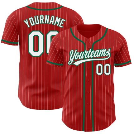 Personalized Red White Pinstripe Kelly Green Authentic Baseball Jersey Team Custom Name and Number