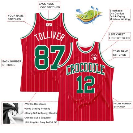 Personalized Red White Pinstripe Kelly Green-White Authentic Basketball Jersey Team Custom Name and Number
