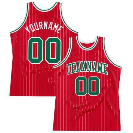 Personalized Red White Pinstripe Kelly Green-White Authentic Basketball Jersey Team Custom Name and Number