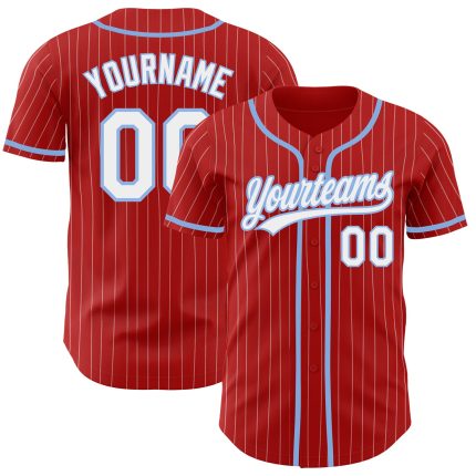 Personalized Red White Pinstripe Light Blue Authentic Baseball Jersey Team Custom Name and Number