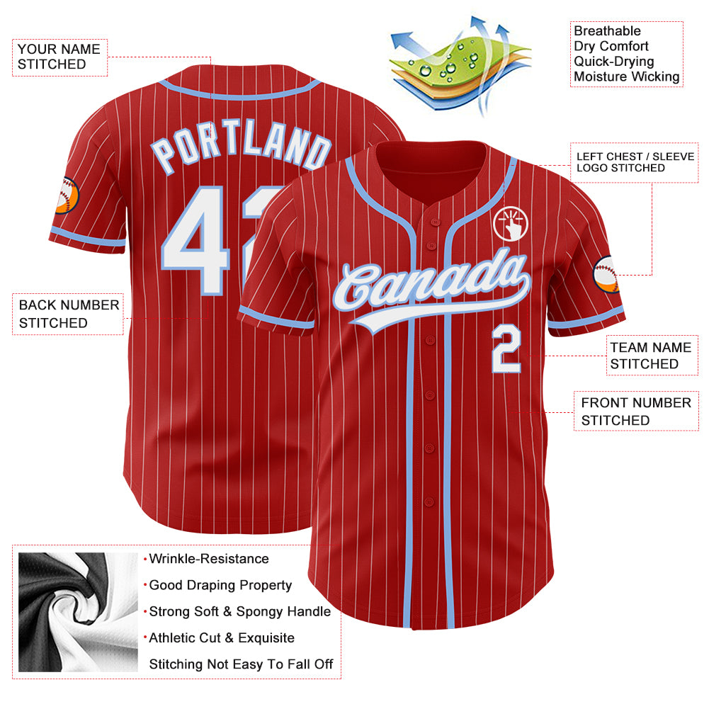 Personalized Red White Pinstripe Light Blue Authentic Baseball Jersey Team Custom Name and Number Personalized Red White Pinstripe Light Blue Authentic Baseball Jersey Team Custom Name and Number - Image 3
