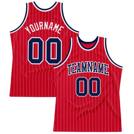 Personalized Red White Pinstripe Navy-White Authentic Basketball Jersey