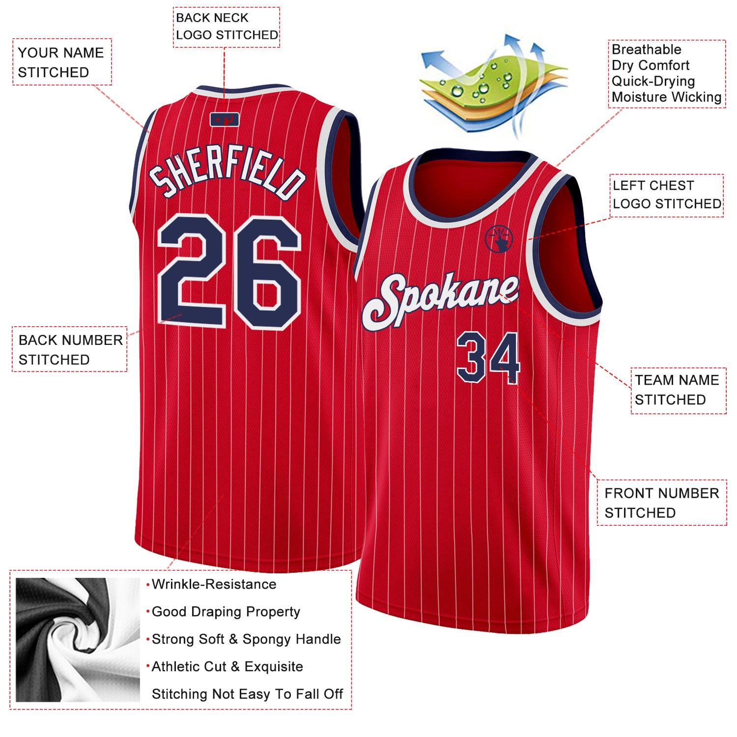 Personalized Red White Pinstripe Navy-White Authentic Basketball Jersey Team Custom Name and Number Personalized Red White Pinstripe Navy-White Authentic Basketball Jersey Team Custom Name and Number - Image 2