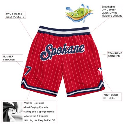 Personalized Red White Pinstripe Navy-White Authentic Basketball Shorts Team Custom Name and Number