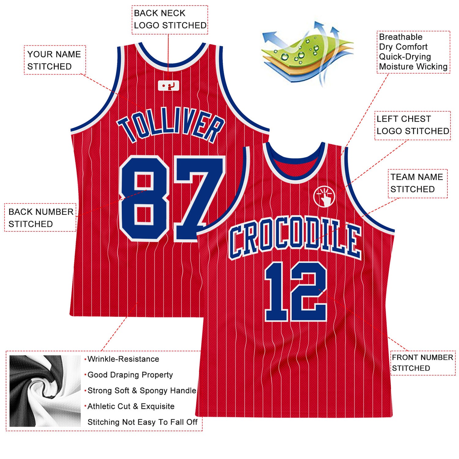 Personalized Red White Pinstripe Royal-White Authentic Basketball Jersey Personalized Red White Pinstripe Royal-White Authentic Basketball Jersey - Image 2