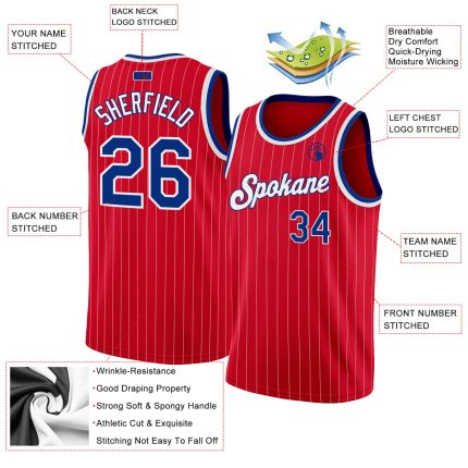 Personalized Red White Pinstripe Royal-White Authentic Basketball Jersey Team Custom Name and Number