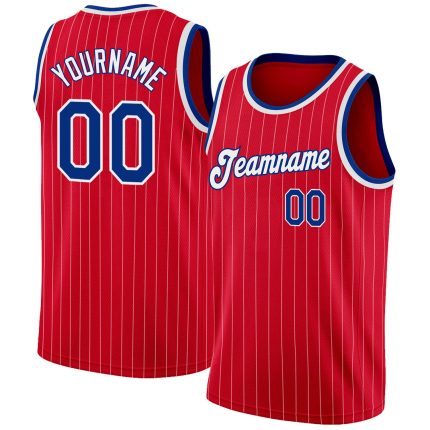 Personalized Red White Pinstripe Royal-White Authentic Basketball Jersey Team Custom Name and Number